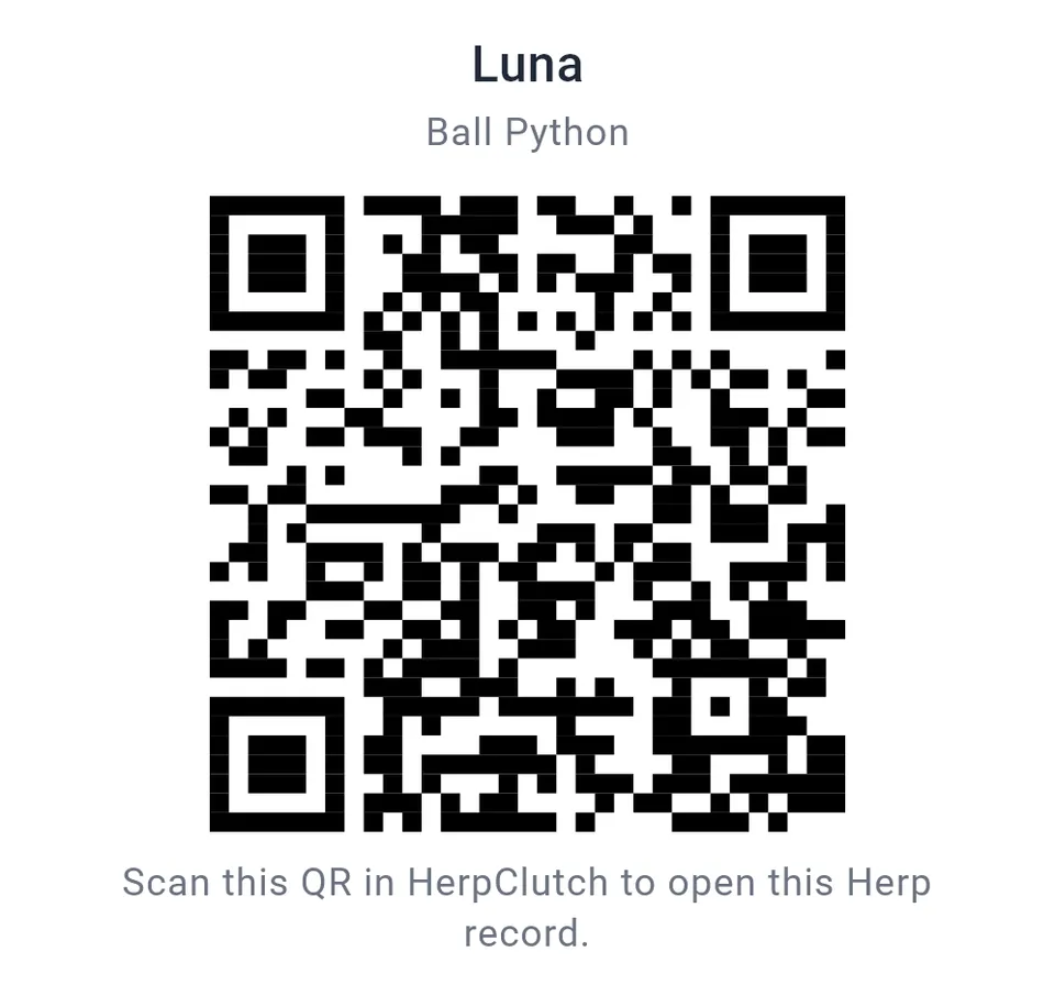 Close-up of the HerpClutch Herp QR for Luna, a Ball Python, with the instruction "Scan this QR in HerpClutch to open this Herp record."