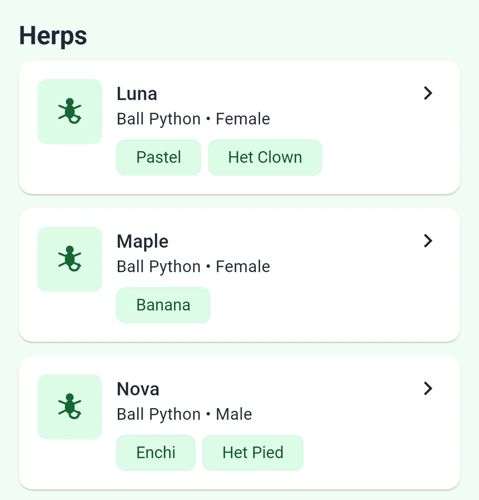 Close-up of the HerpClutch Herp list: cards for Luna, Maple and Nova, each showing name, species, sex and tags such as Pastel and Het Clown.