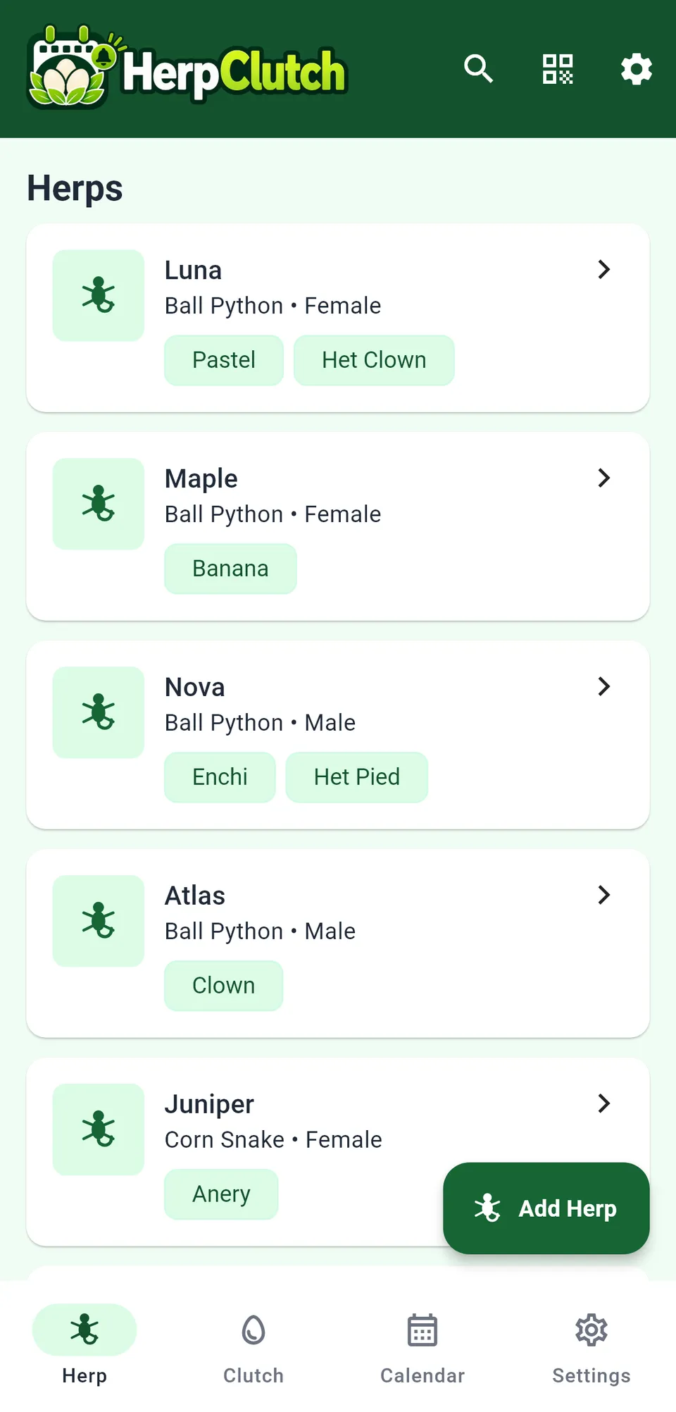 HerpClutch Herp screen: Herp records with name, species, sex and tags, and an Add Herp button.
